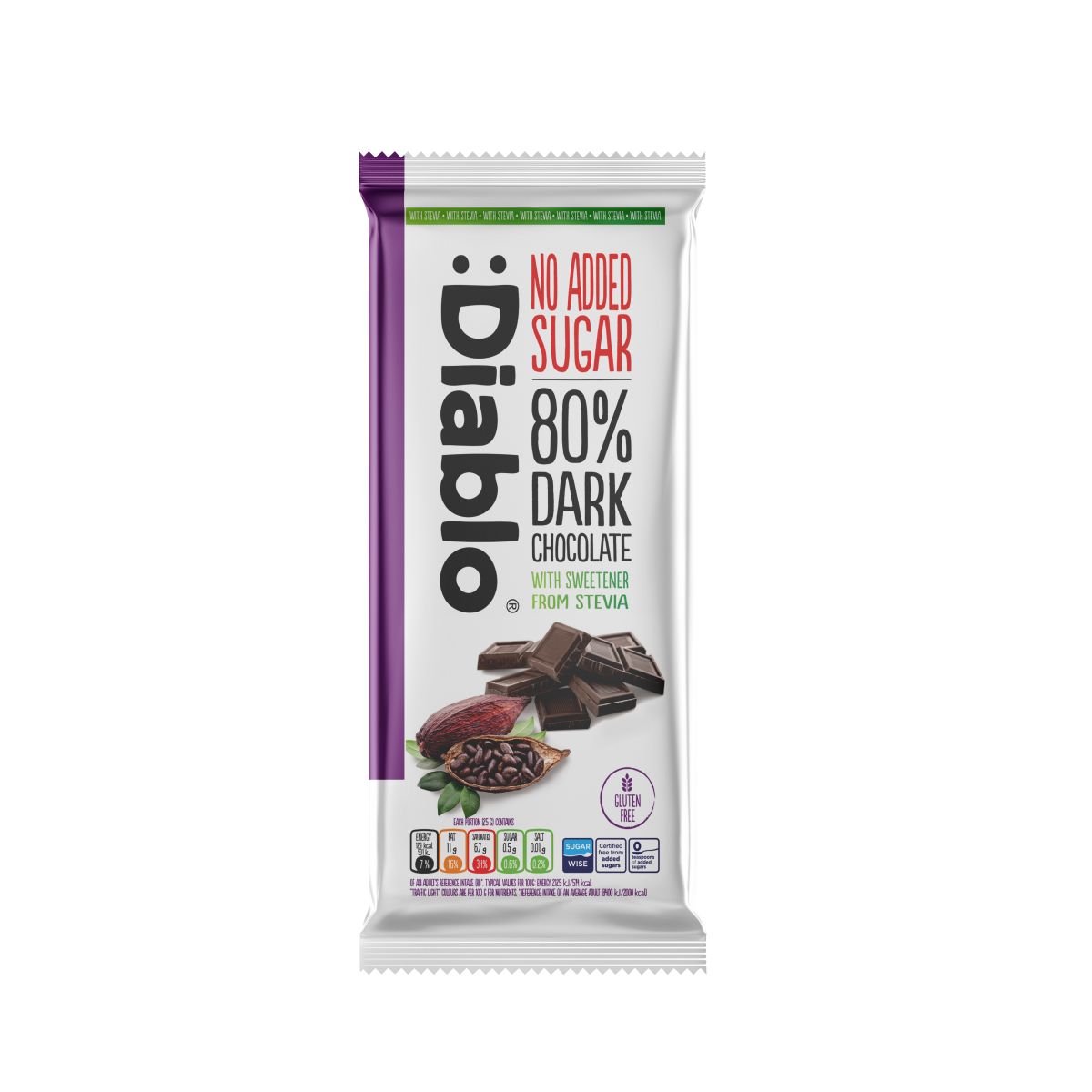Diablo No Added Sugar Stevia 80% Dark Chocolate 75g