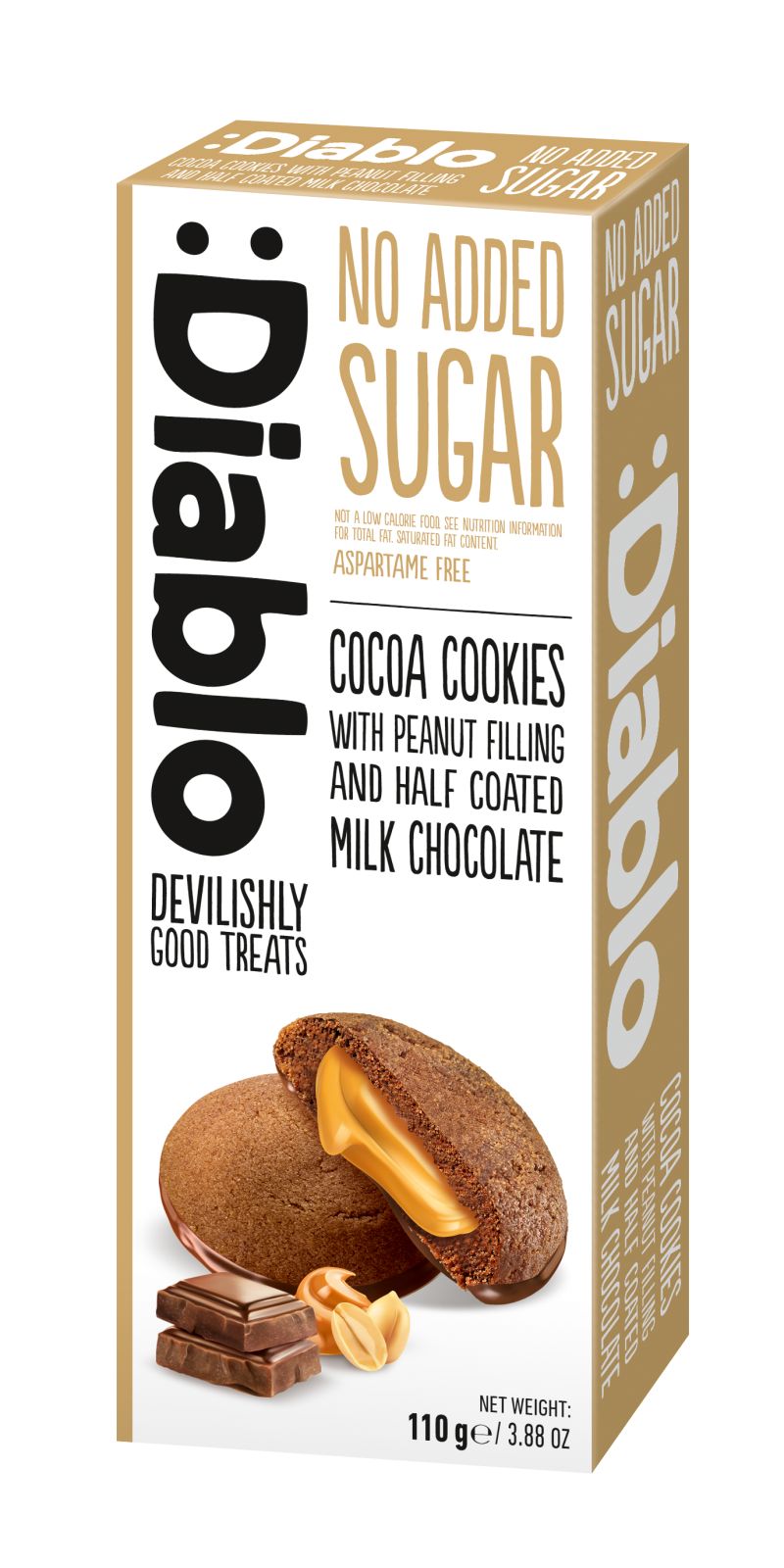 Diablo No Added Sugar Cocoa Cookies with Peanut Filling and Half Coated Milk Chocolate 110g