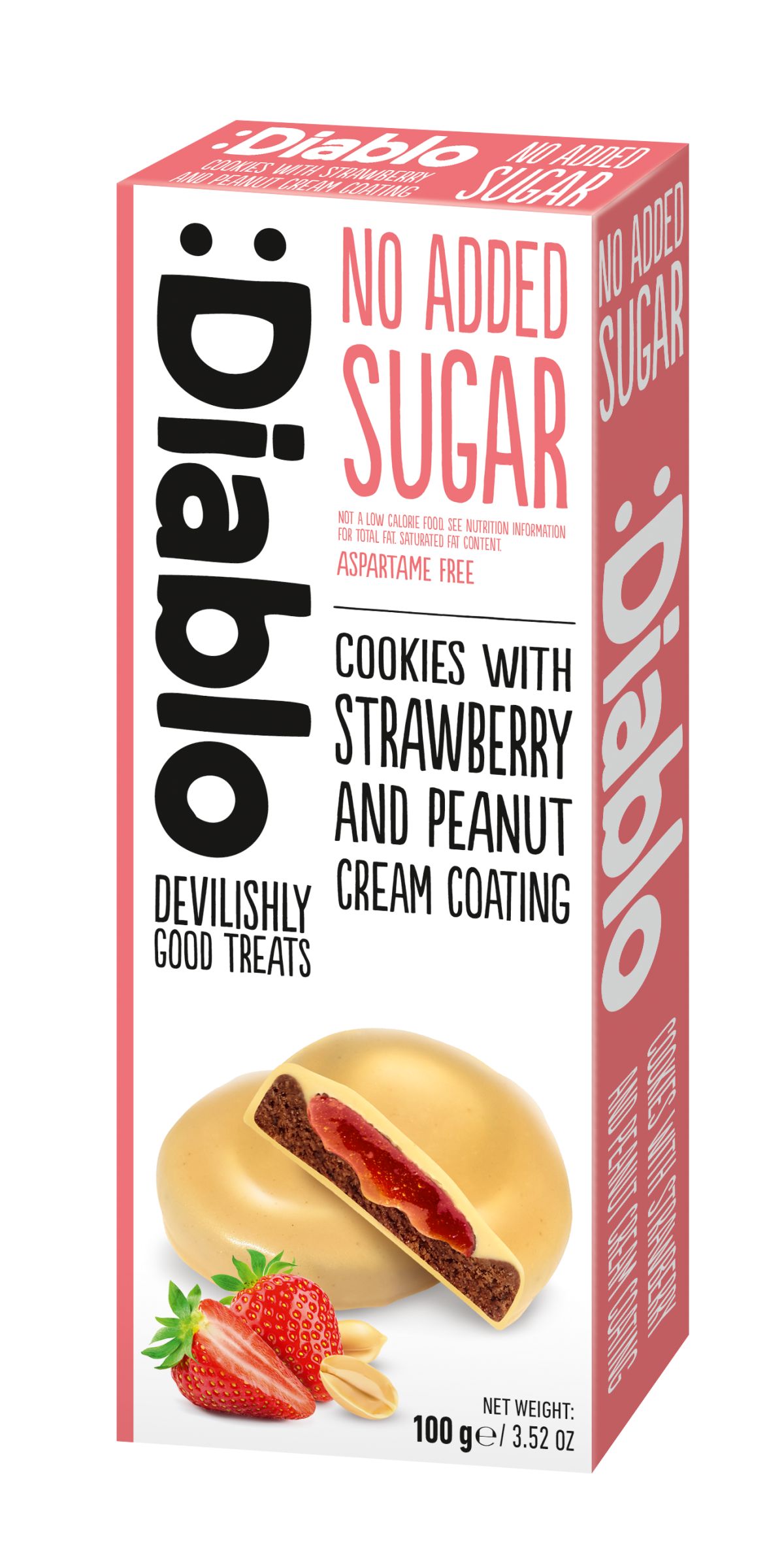 Diablo Biscuits sans sucre ajouté avec enrobage de crème à la fraise et aux cacahuètes 100g
