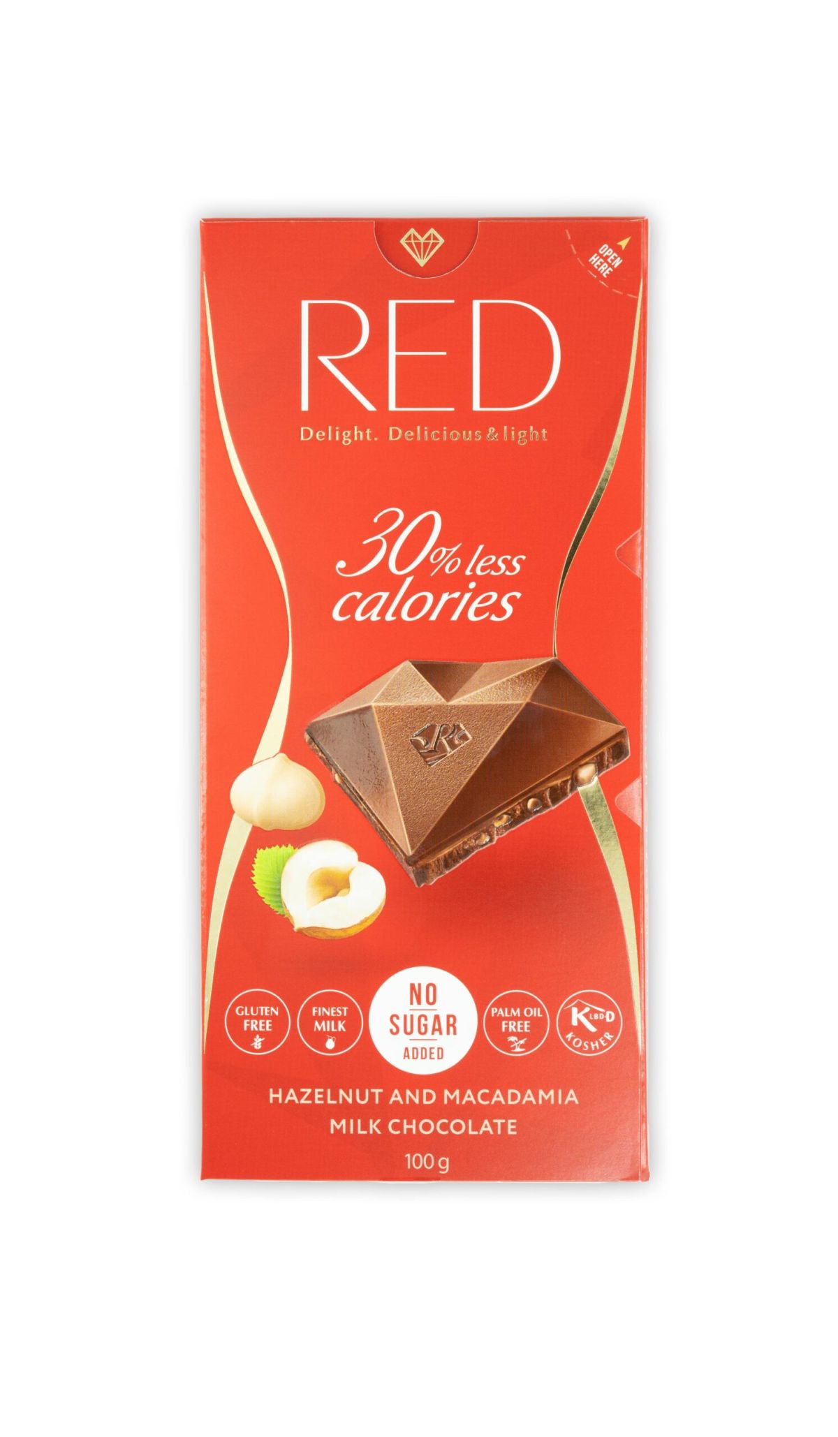 Cioccolato al latte di nocciole e macadamia RED 100g